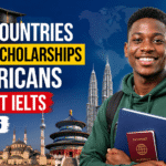 Smiling young African student holding books and passport with world landmarks and country flags, representing scholarships for Africans without IELTS in 2026.