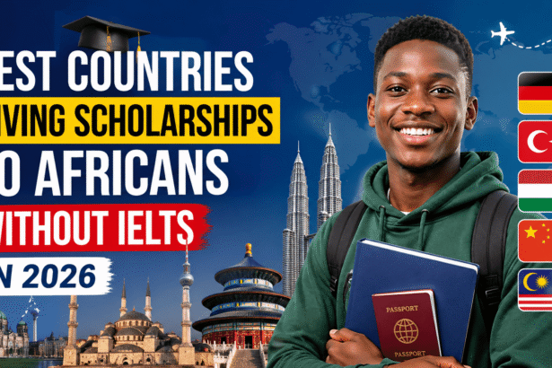 Smiling young African student holding books and passport with world landmarks and country flags, representing scholarships for Africans without IELTS in 2026.