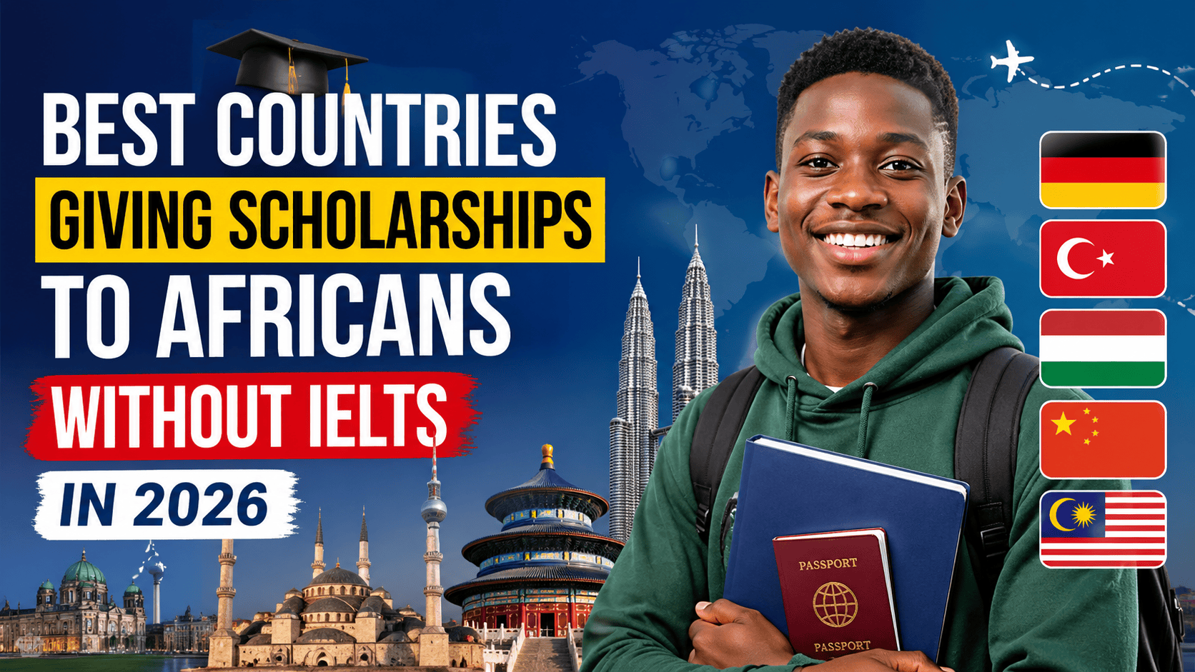 Smiling young African student holding books and passport with world landmarks and country flags, representing scholarships for Africans without IELTS in 2026.