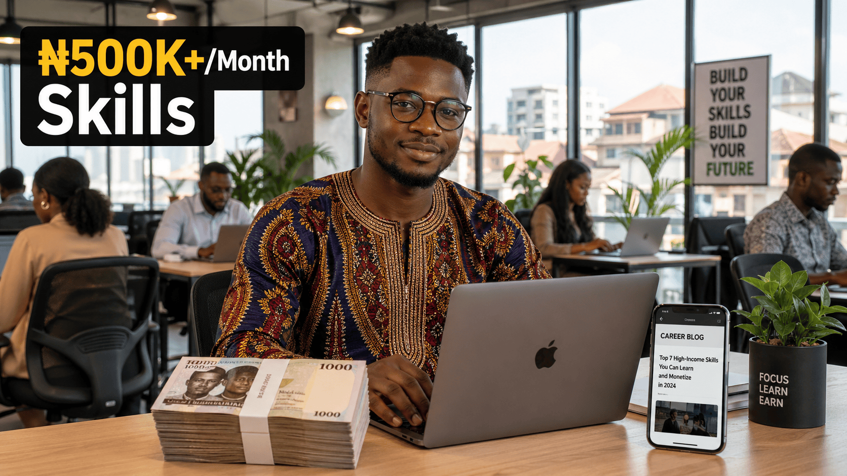 Photo of a man in a skill acquisition office with money earned