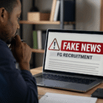 Nigerian job seeker sitting at a desk, seriously reviewing a laptop screen showing a fake FG recruitment warning