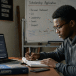 Focused student working on scholarship goals