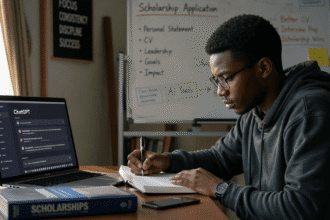 Focused student working on scholarship goals