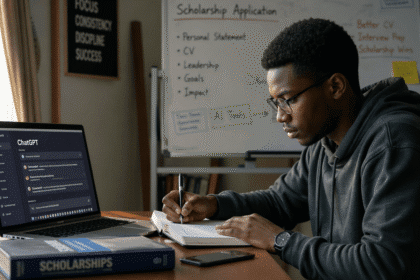Focused student working on scholarship goals