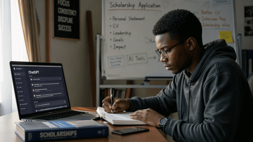 Focused student working on scholarship goals