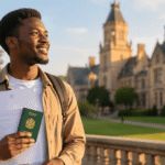 A confident young African student holding a university admission letter and passport, symbolizing the success of studying abroad without IELTS.