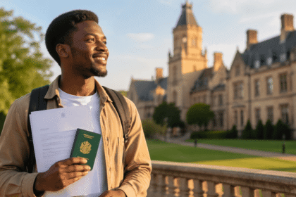 A confident young African student holding a university admission letter and passport, symbolizing the success of studying abroad without IELTS.