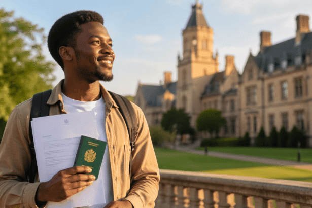 A confident young African student holding a university admission letter and passport, symbolizing the success of studying abroad without IELTS.