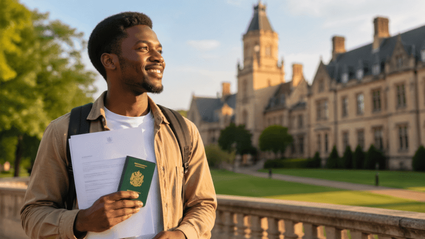A confident young African student holding a university admission letter and passport, symbolizing the success of studying abroad without IELTS.