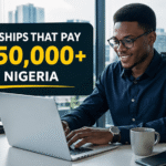image showing a young Nigerian graduate working on a laptop inside a modern office with Lagos
