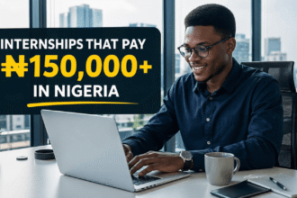 image showing a young Nigerian graduate working on a laptop inside a modern office with Lagos