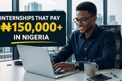 image showing a young Nigerian graduate working on a laptop inside a modern office with Lagos
