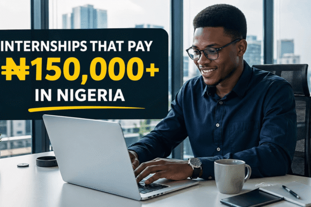 image showing a young Nigerian graduate working on a laptop inside a modern office with Lagos