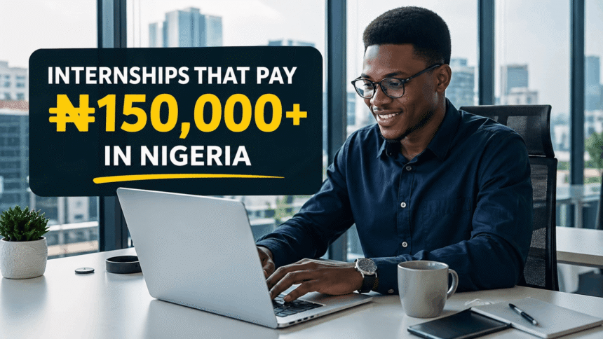 image showing a young Nigerian graduate working on a laptop inside a modern office with Lagos