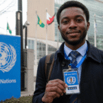 Michael, The UN intern in front of the building
