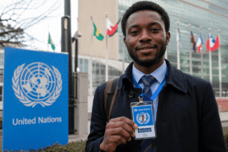 Michael, The UN intern in front of the building