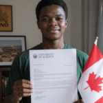 image of a young Nigerian student from Kano smiling proudly while holding a full scholarship admission letter to a Canadian university