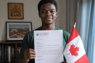 image of a young Nigerian student from Kano smiling proudly while holding a full scholarship admission letter to a Canadian university
