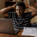A young Nigerian student studying at a desk with his JAMB result slip, representing hope and career planning despite a low score.