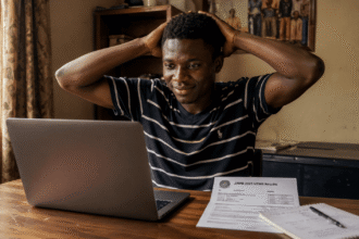 A young Nigerian student studying at a desk with his JAMB result slip, representing hope and career planning despite a low score.