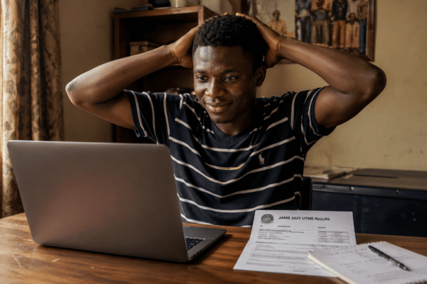 A young Nigerian student studying at a desk with his JAMB result slip, representing hope and career planning despite a low score.