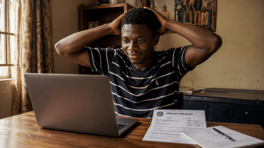 A young Nigerian student studying at a desk with his JAMB result slip, representing hope and career planning despite a low score.