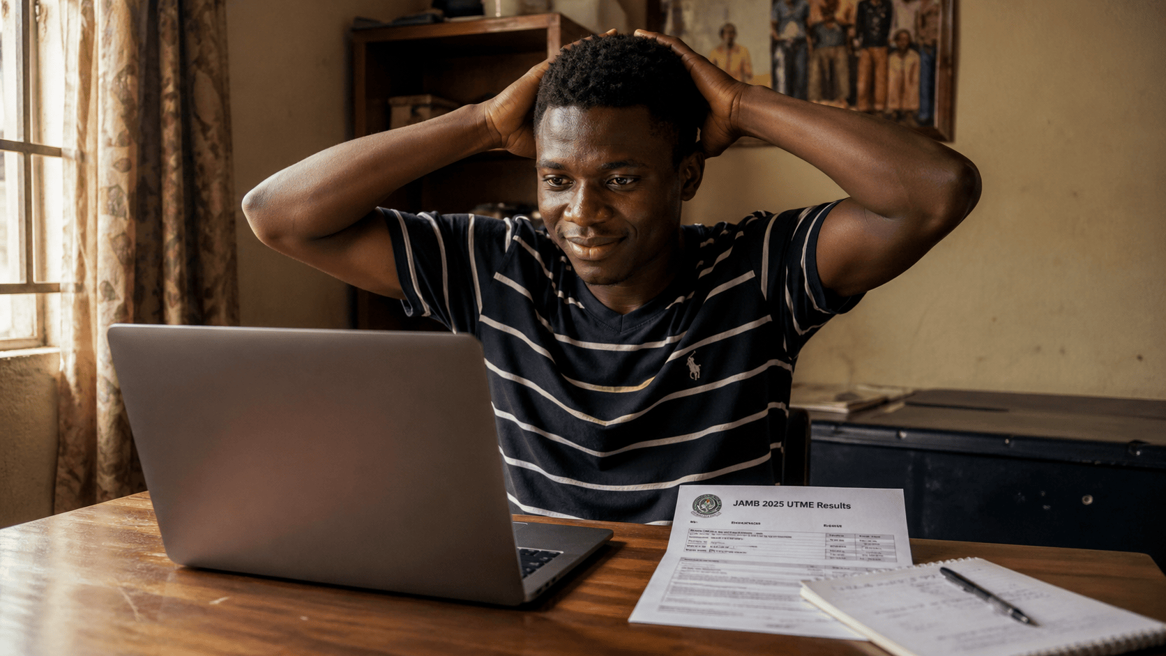 A young Nigerian student studying at a desk with his JAMB result slip, representing hope and career planning despite a low score.