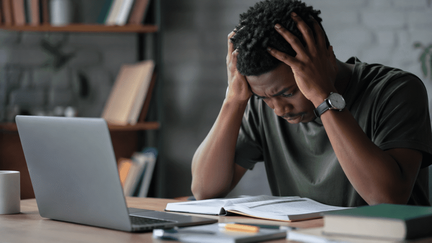 Photo representation of stressed study session at work