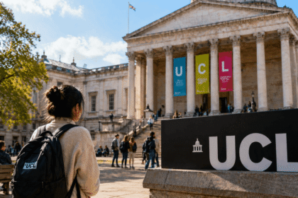 view of University College London campus on a sunny day, with students walking near the historic main building and a student carrying a backpack facing a large UCL sign