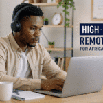 Young African graduate working remotely on a laptop in a modern home office, representing high-paying remote jobs opportunities for African graduates in 2026