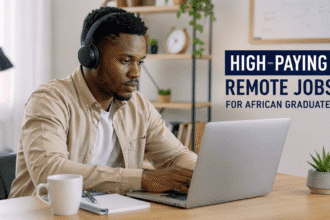 Young African graduate working remotely on a laptop in a modern home office, representing high-paying remote jobs opportunities for African graduates in 2026