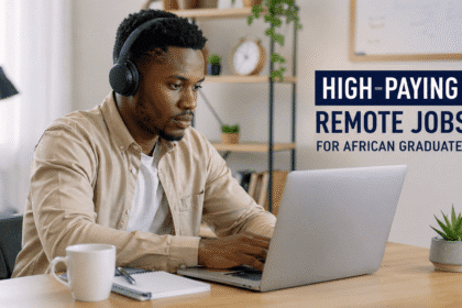 Young African graduate working remotely on a laptop in a modern home office, representing high-paying remote jobs opportunities for African graduates in 2026