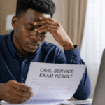 image of a worried young Nigerian man sitting at a desk, holding a civil service exam result paper