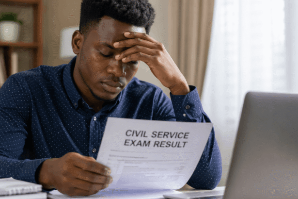 image of a worried young Nigerian man sitting at a desk, holding a civil service exam result paper