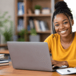Smiling young Nigerian female student sitting at a desk with a laptop, books, and notebook in a bright modern study space, representing scholarship application and university study.