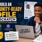 Young African graduate building a professional online profile on LinkedIn with CV documents, Google search visibility, and career growth icons, representing how students can prepare for scholarships, internships, and job opportunities.