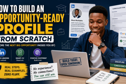 Young African graduate building a professional online profile on LinkedIn with CV documents, Google search visibility, and career growth icons, representing how students can prepare for scholarships, internships, and job opportunities.