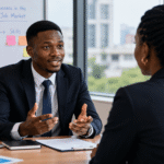 image of a young African job candidate confidently speaking during a professional interview in a modern office, while an interviewer listens attentively across the desk.
