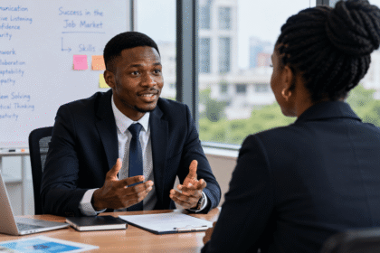 image of a young African job candidate confidently speaking during a professional interview in a modern office, while an interviewer listens attentively across the desk.