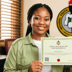 young Nigerian woman smiling while holding an NYSC exemption certificate in a bright modern office