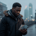 A Nigerian student in a winter jacket counting money on a cold European street, illustrating the hidden costs of studying abroad.
