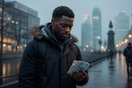 A Nigerian student in a winter jacket counting money on a cold European street, illustrating the hidden costs of studying abroad.