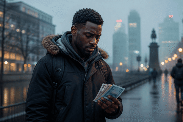 A Nigerian student in a winter jacket counting money on a cold European street, illustrating the hidden costs of studying abroad.