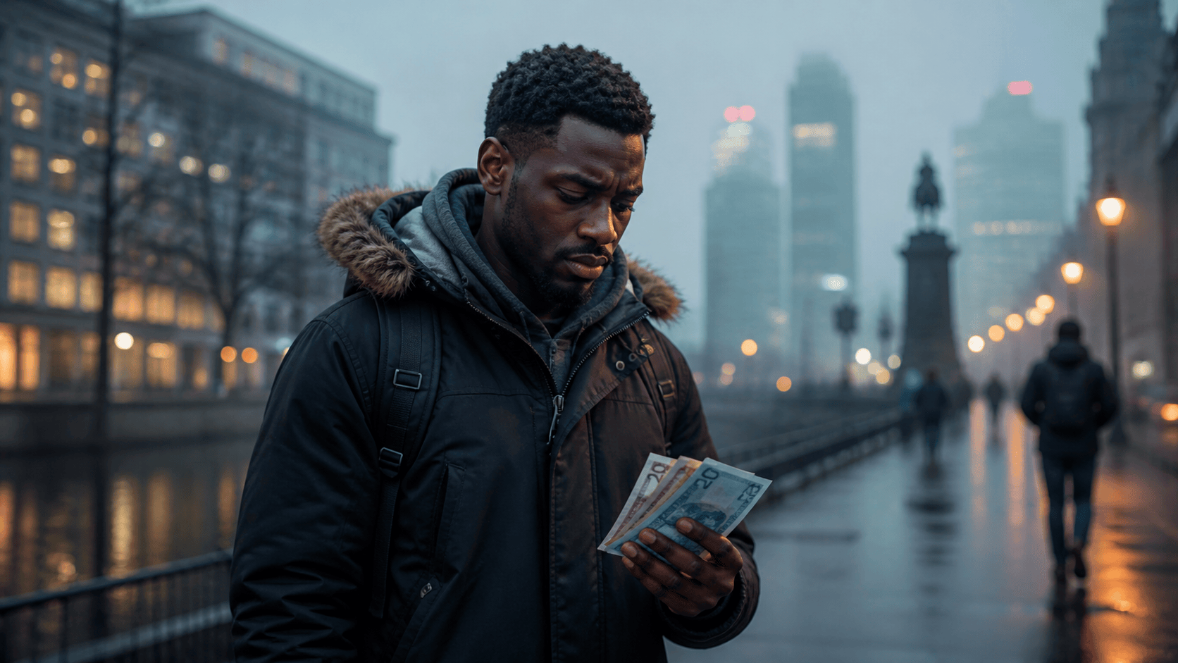 A Nigerian student in a winter jacket counting money on a cold European street, illustrating the hidden costs of studying abroad.