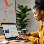 Young Nigerian woman writing an internship application email on a laptop in a bright modern workspace, with natural light, sticky notes, and a professional study environment, representing career growth and internship opportunities in Nigeria.