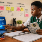 A focused Nigerian secondary school student in uniform, simultaneously holding a WAEC syllabus while reaching towards a laptop displaying a 'Global Scholarship Portal' application. The image symbolizes early preparation.
