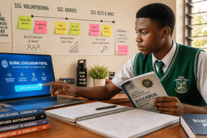 A focused Nigerian secondary school student in uniform, simultaneously holding a WAEC syllabus while reaching towards a laptop displaying a 'Global Scholarship Portal' application. The image symbolizes early preparation.
