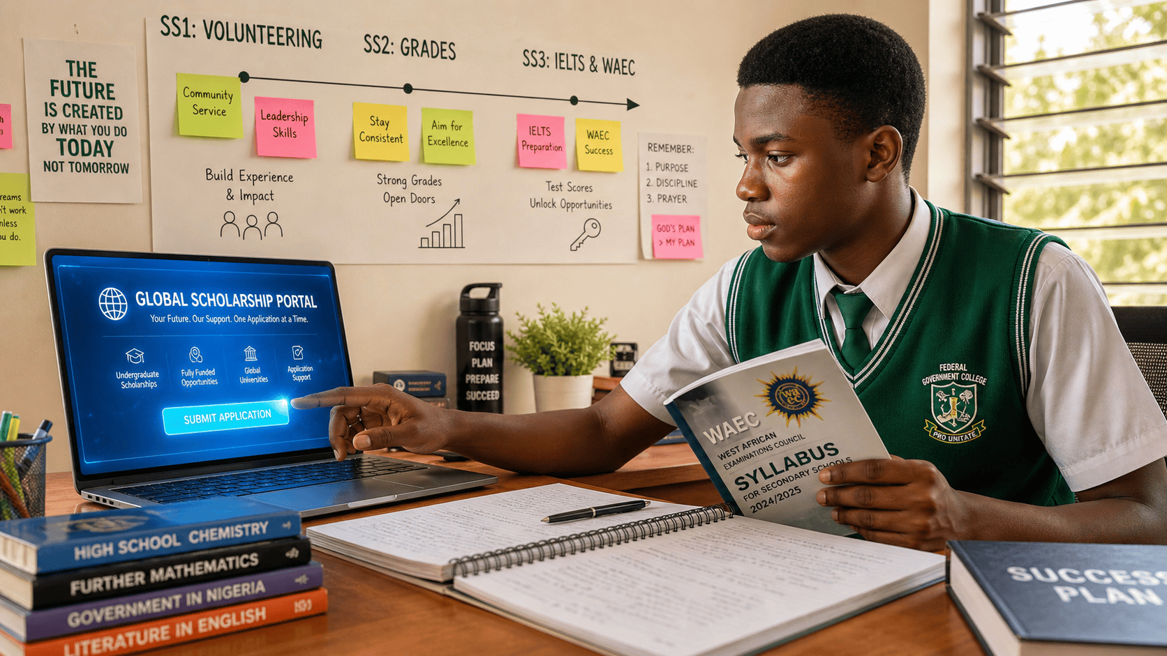 A focused Nigerian secondary school student in uniform, simultaneously holding a WAEC syllabus while reaching towards a laptop displaying a 'Global Scholarship Portal' application. The image symbolizes early preparation.