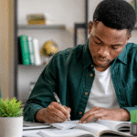 Focused Nigerian student preparing for the Federal Civil Service aptitude test, studying with books and laptop in a bright modern workspace with Nigerian flag in background.
