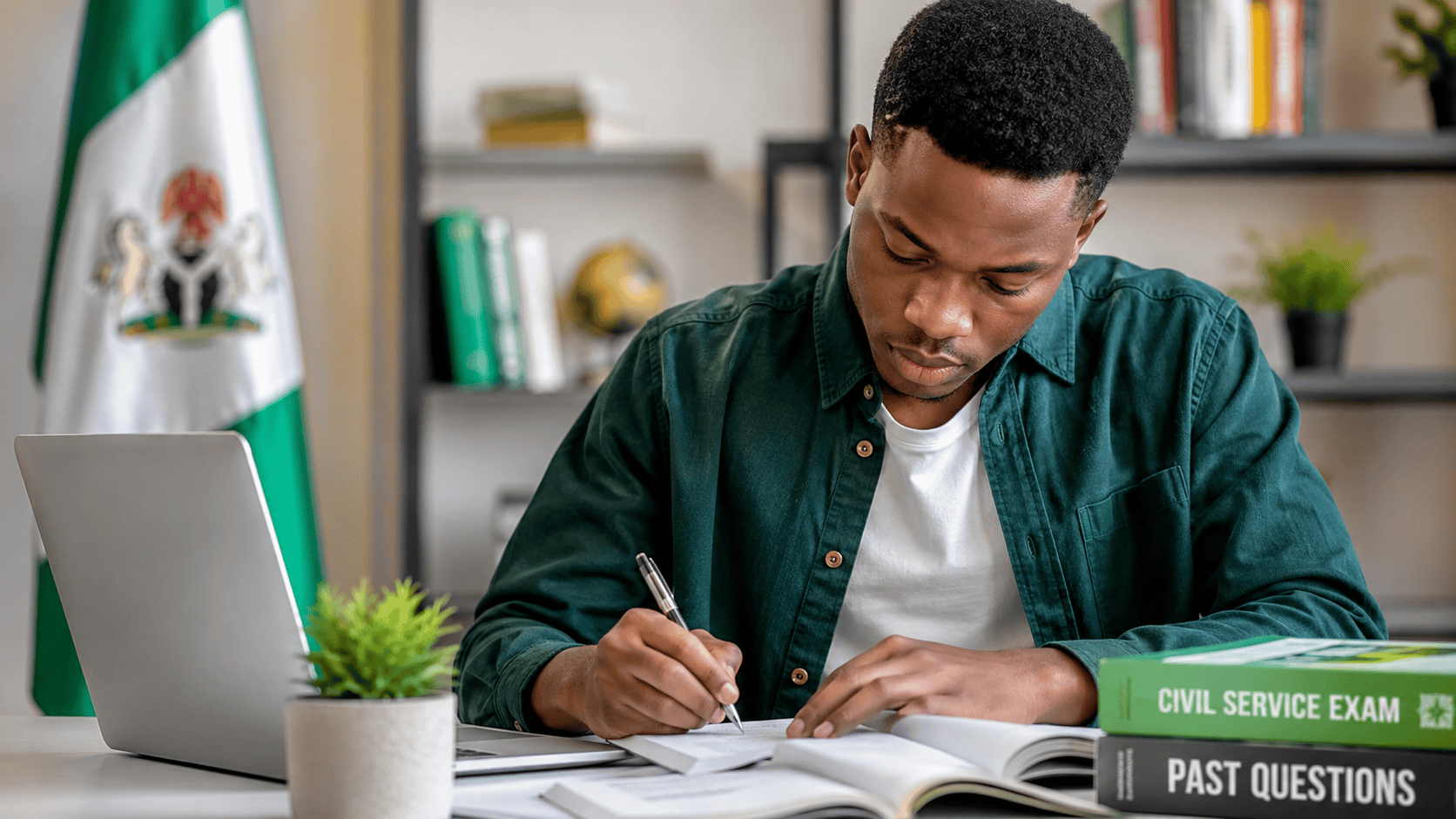 Focused Nigerian student preparing for the Federal Civil Service aptitude test, studying with books and laptop in a bright modern workspace with Nigerian flag in background.